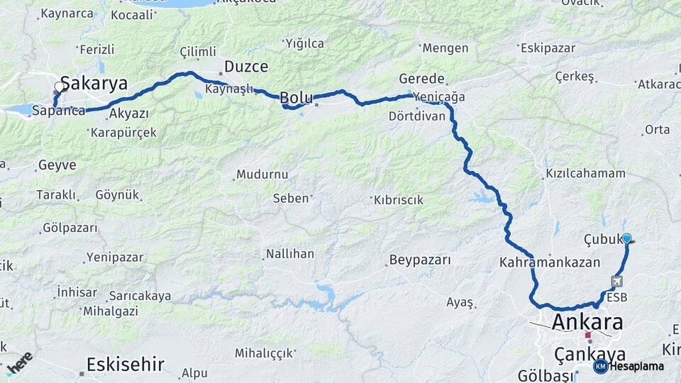 Ankara Çubuk Adapazarı Sakarya Arası Kaç Km - Yol Haritası