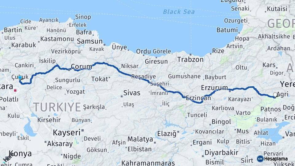 Ankara Çubuk Ağrı Arası Kaç Km - Yol Haritası