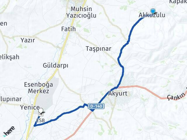 Akkuzulu Esenboğa Havalimanı Arası Kaç Km - Yol Tarifi