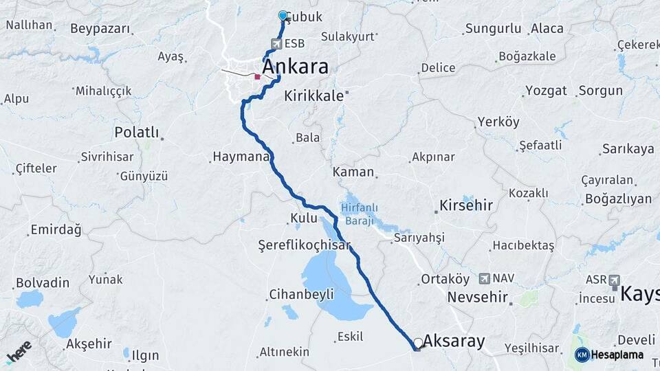Ankara Çubuk Aksaray Arası Kaç Km - Yol Haritası
