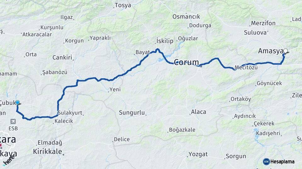 Ankara Çubuk Amasya Arası Kaç Km - Yol Haritası