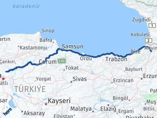 Ankara Çubuk Artvin Arası Kaç Km - Yol Haritası