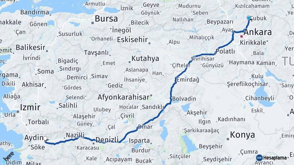 Ankara Çubuk Aydın Arası Kaç Km - Yol Haritası