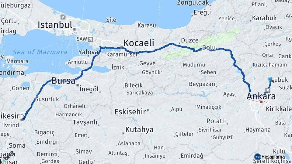 Ankara Çubuk Balıkesir Arası Kaç Km - Yol Haritası