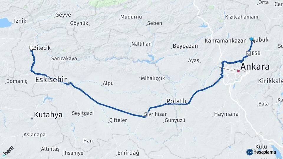 Ankara Çubuk Bilecik Arası Kaç Km - Yol Haritası