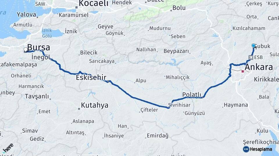 Ankara Çubuk Bursa Arası Kaç Km - Yol Haritası