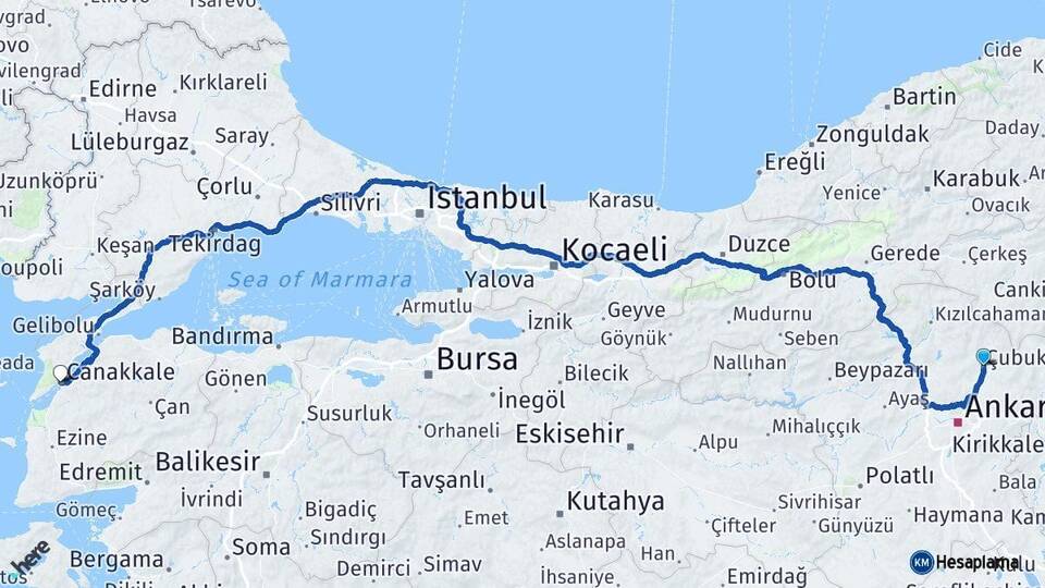 Ankara Çubuk Çanakkale Arası Kaç Km - Yol Haritası