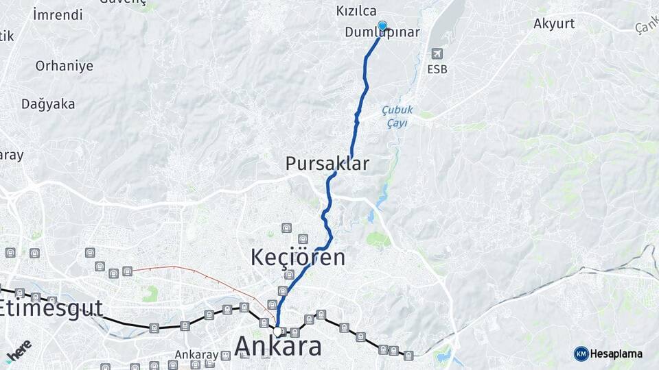 Ankara Çubuk Dumlupınar Kızılay Çankaya Arası Kaç Km - Yol Haritası