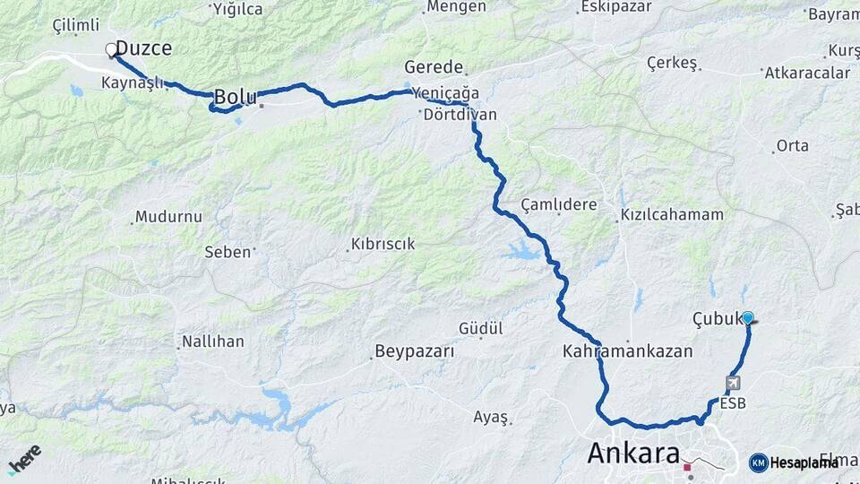 Ankara Çubuk Düzce Arası Kaç Km - Yol Haritası