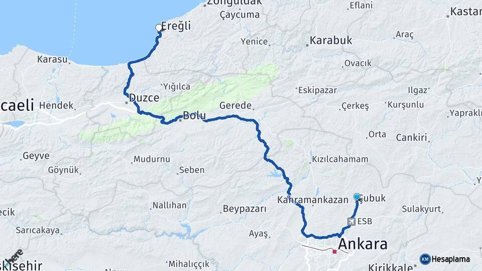 Ankara Çubuk Ereğli Zonguldak Arası Kaç Km - Yol Haritası