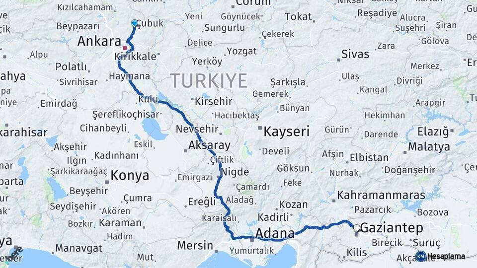 Ankara Çubuk Gaziantep Arası Kaç Km - Yol Haritası