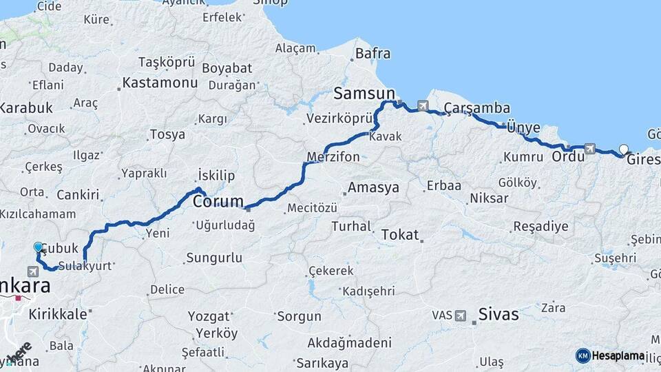 Ankara Çubuk Giresun Arası Kaç Km - Yol Haritası