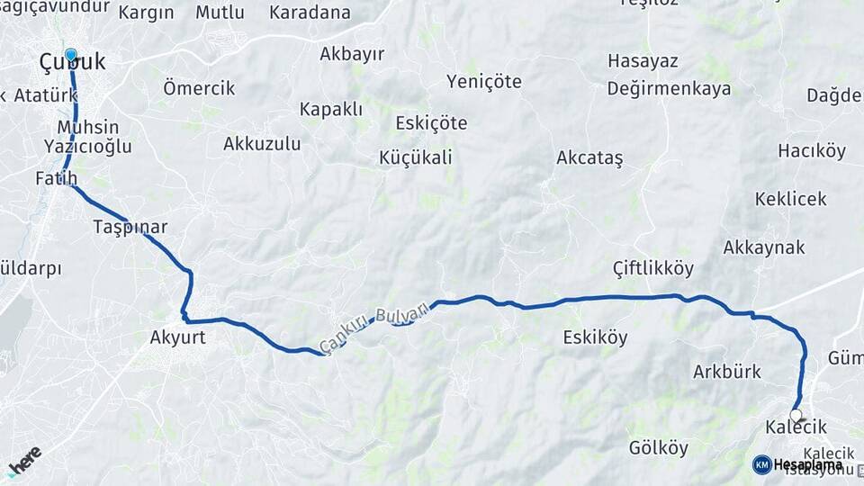 Ankara Çubuk Kalecik Arası Kaç Km - Yol Haritası