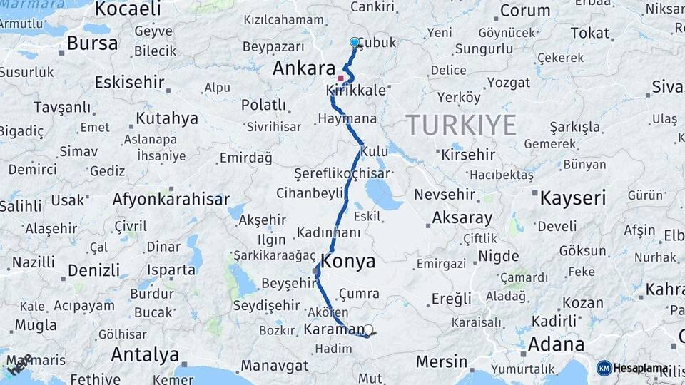 Ankara Çubuk Karaman Arası Kaç Km - Yol Haritası