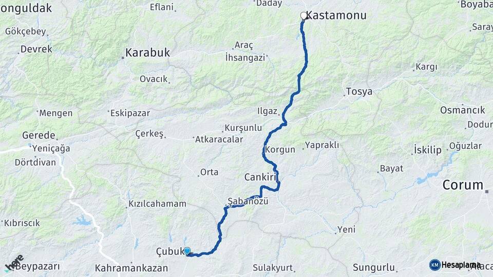 Ankara Çubuk Kastamonu Arası Kaç Km - Yol Haritası
