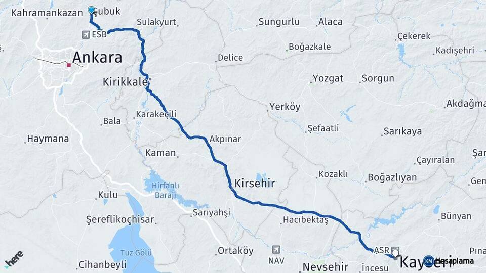Ankara Çubuk Kayseri Arası Kaç Km - Yol Haritası