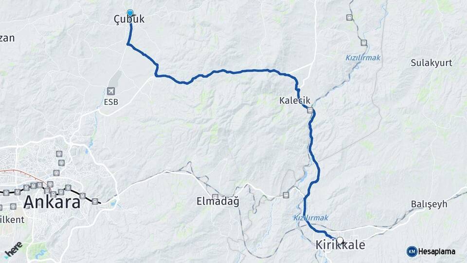 Ankara Çubuk Kırıkkale Arası Kaç Km - Yol Haritası