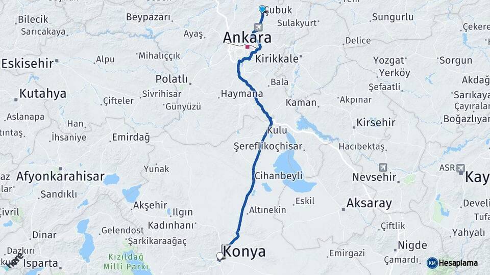 Ankara Çubuk Konya Arası Kaç Km - Yol Haritası