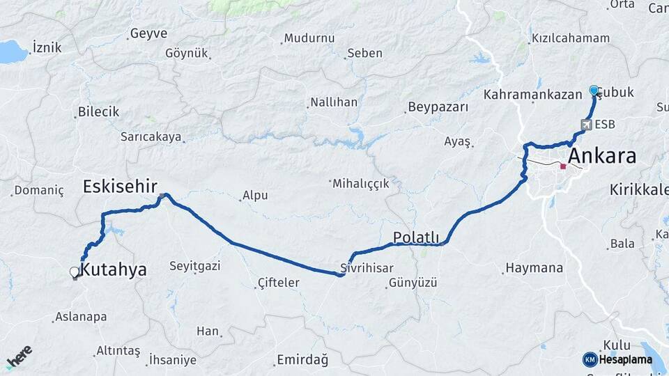 Ankara Çubuk Kütahya Arası Kaç Km - Yol Haritası