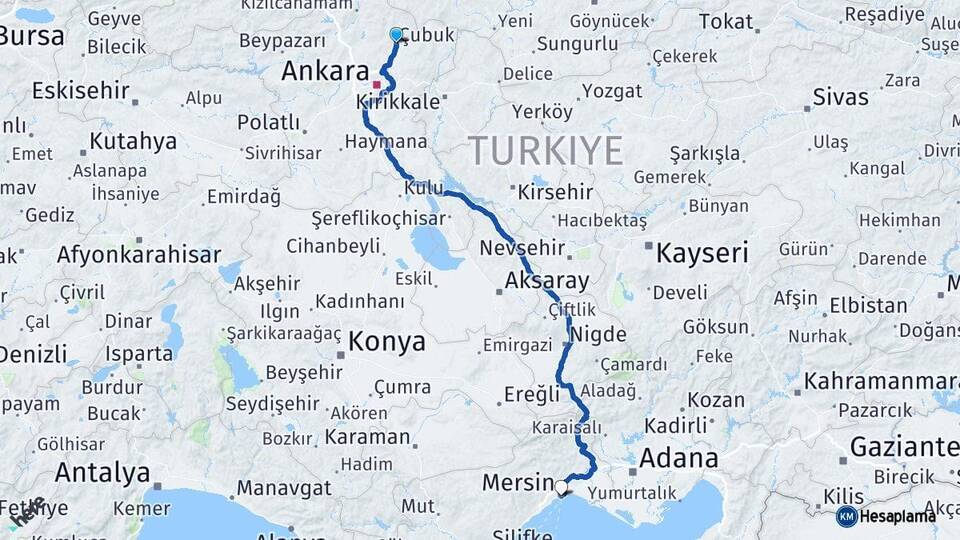 Ankara Çubuk Mersin Arası Kaç Km - Yol Haritası