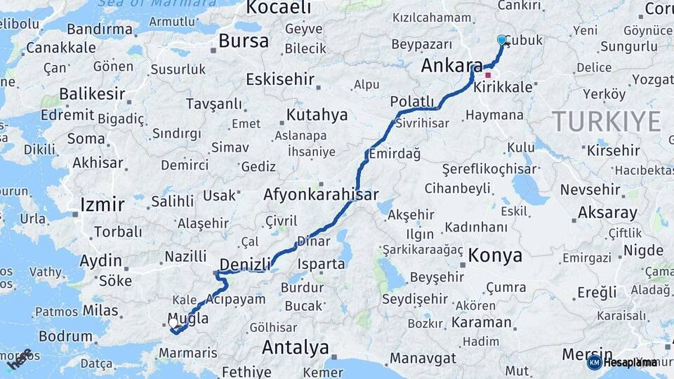Ankara Çubuk Muğla Arası Kaç Km - Yol Haritası