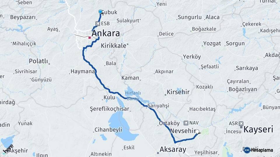 Ankara Çubuk Nevşehir Arası Kaç Km - Yol Haritası