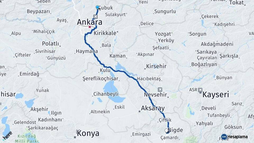 Ankara Çubuk Niğde Arası Kaç Km - Yol Haritası
