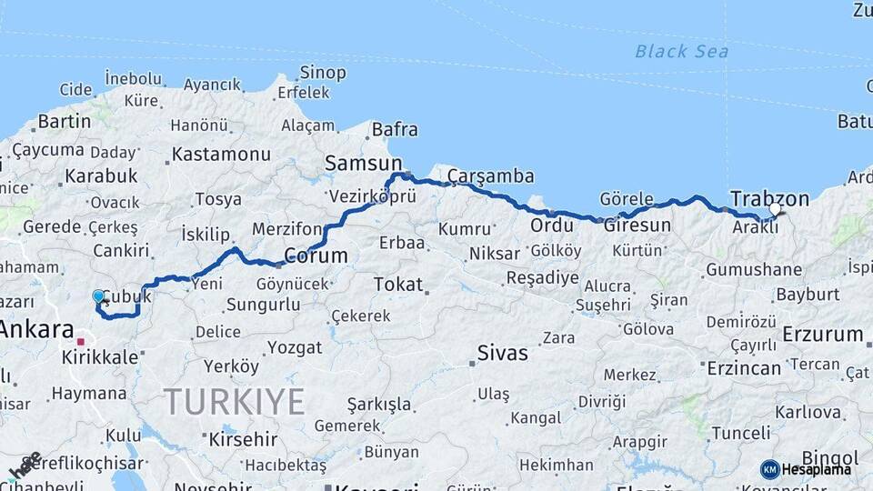 Ankara Çubuk Of Trabzon Arası Kaç Km - Yol Haritası
