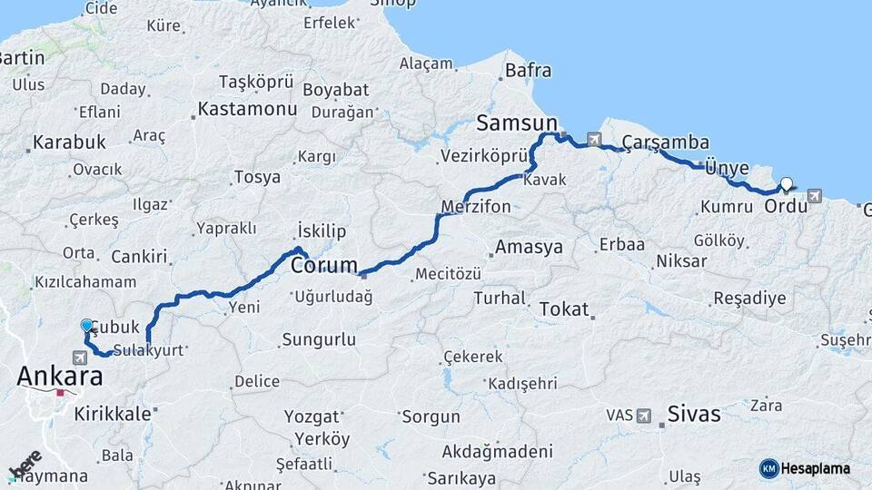 Ankara Çubuk Ordu Arası Kaç Km - Yol Haritası