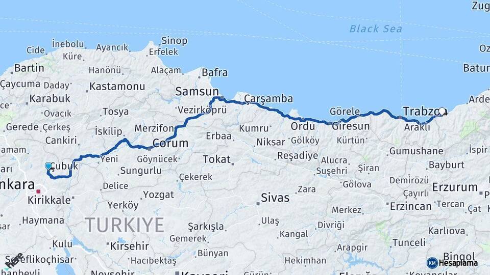 Ankara Çubuk Rize Arası Kaç Km - Yol Haritası