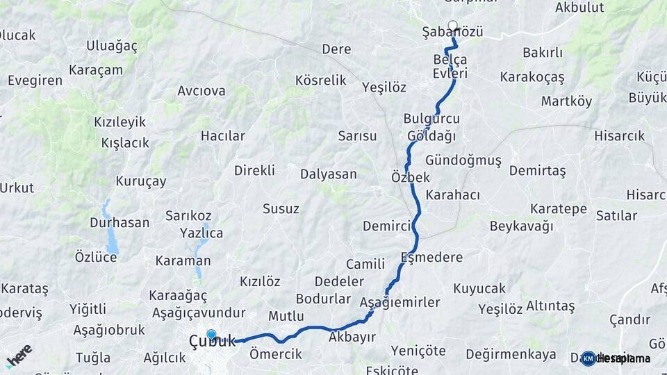 Ankara Çubuk Şabanözü Çankırı Arası Kaç Km - Yol Haritası