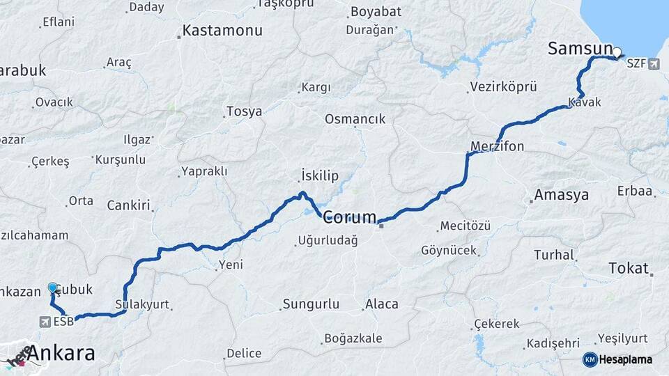 Ankara Çubuk Samsun Arası Kaç Km - Yol Haritası