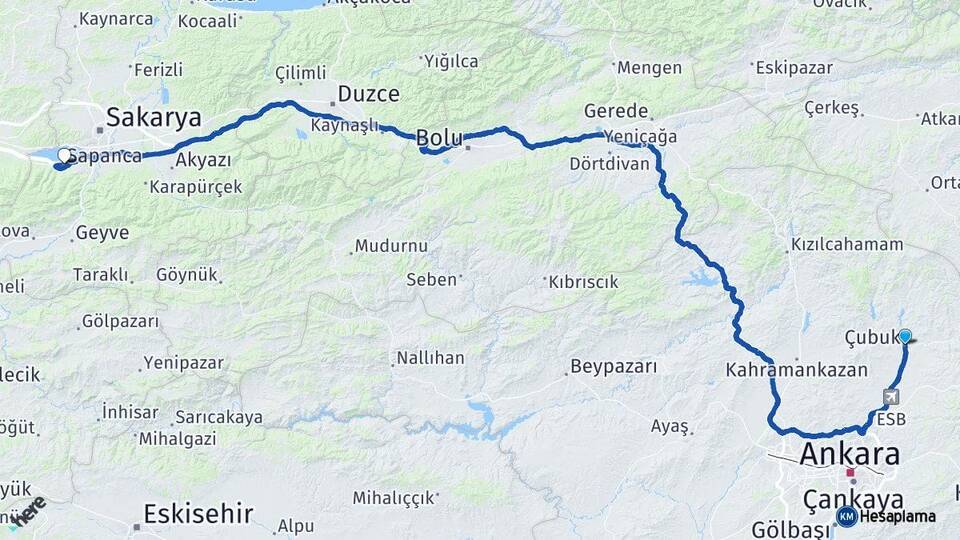 Ankara Çubuk Sapanca Sakarya Arası Kaç Km - Yol Haritası