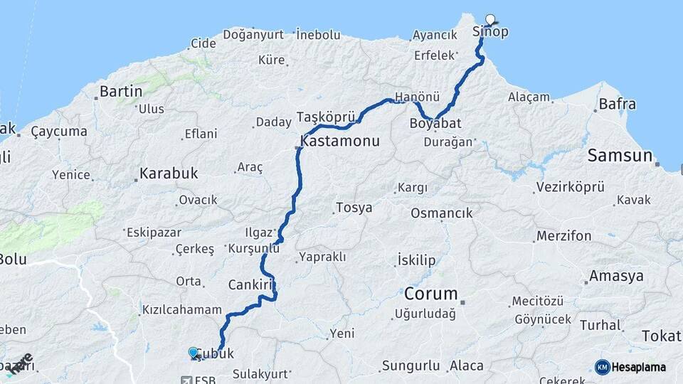 Ankara Çubuk Sinop Arası Kaç Km - Yol Haritası