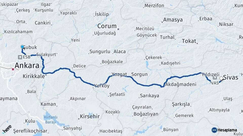 Ankara Çubuk Sivas Arası Kaç Km - Yol Haritası