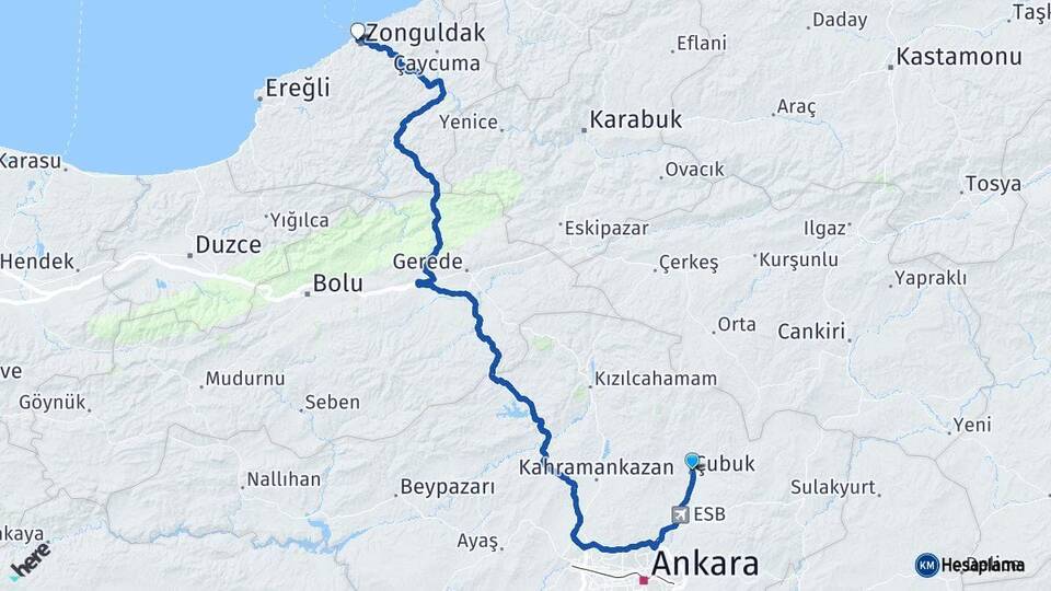 Ankara Çubuk Zonguldak Arası Kaç Km - Yol Haritası