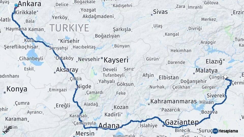 Ankara Çüngüş Diyarbakır Arası Kaç Km - Yol Haritası