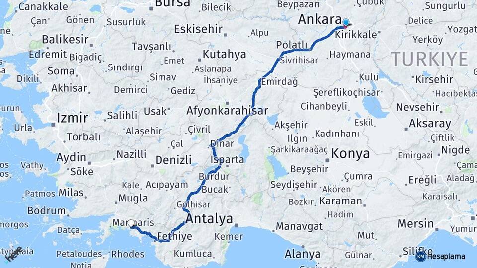Ankara Dalyan Ortaca Muğla Arası Kaç Km - Yol Haritası