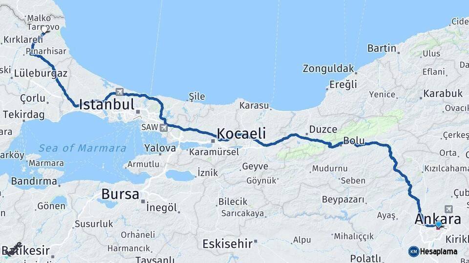 Ankara Demirköy Arası Kaç Km - Yol Tarifi