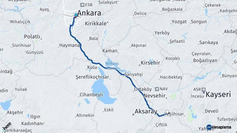 Ankara Derinkuyu Nevşehir Arası Kaç Km - Yol Haritası