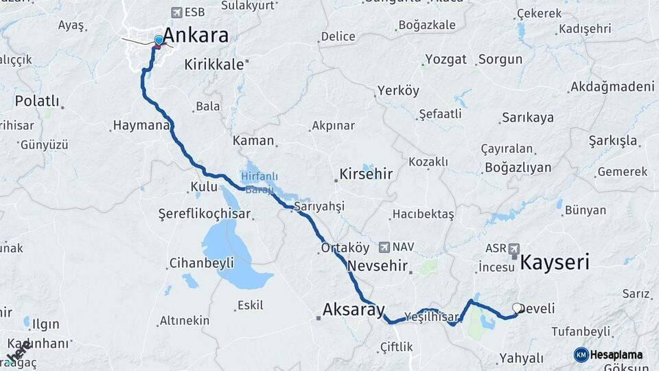 Ankara Develi Kayseri Arası Kaç Km - Yol Haritası