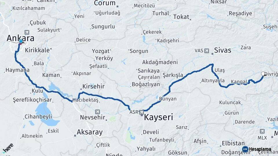 Ankara Divriği Sivas Arası Kaç Km - Yol Haritası