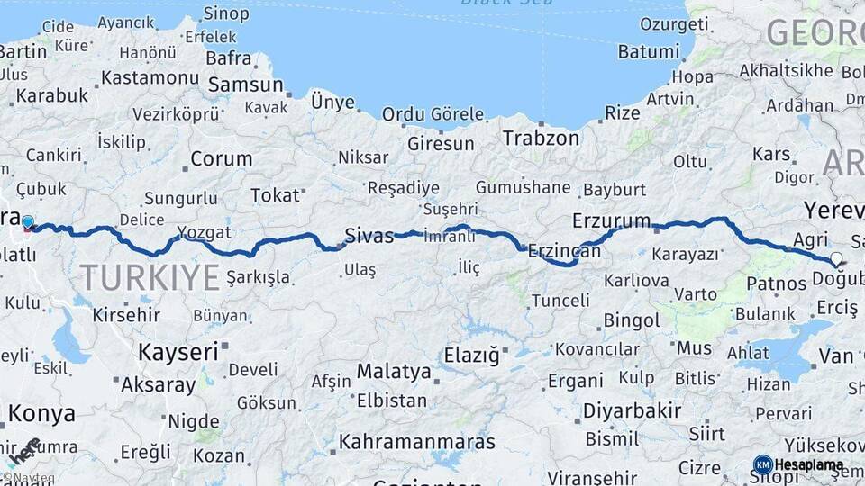 Ankara Diyadin Ağrı Arası Kaç Km - Yol Haritası