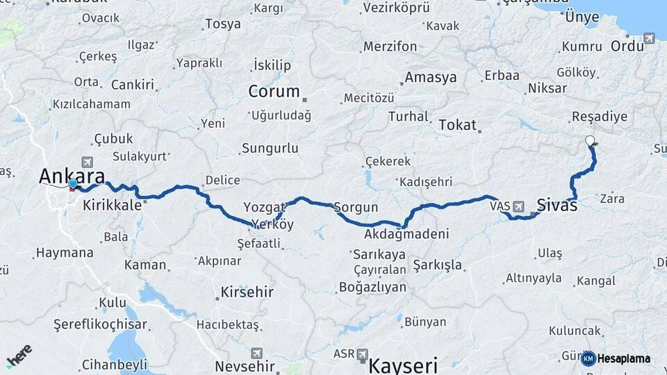Ankara Doğanşar Sivas Arası Kaç Km - Yol Haritası