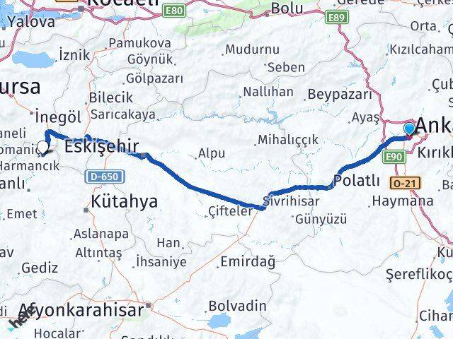 Ankara Domaniç Kütahya Arası Kaç Km - Yol Haritası