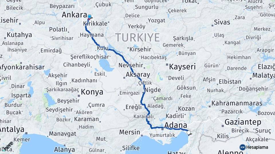 Ankara Dörtyol Hatay Arası Kaç Km - Yol Haritası