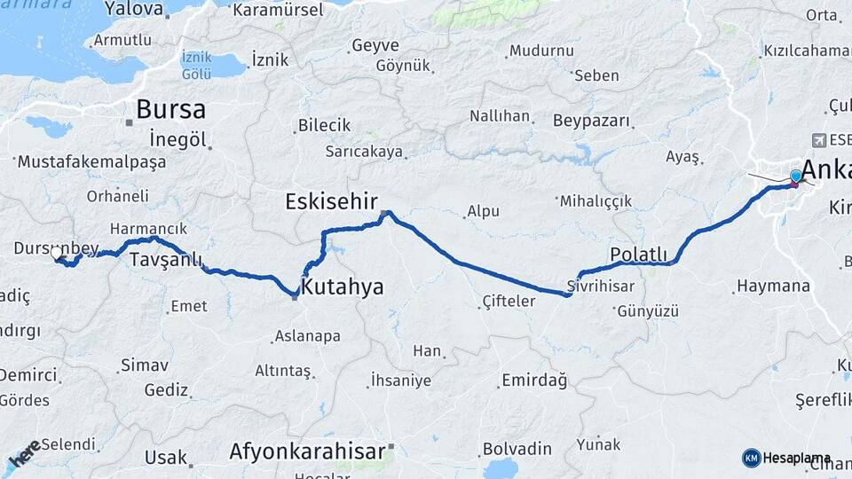 Ankara Dursunbey Balıkesir Arası Kaç Km - Yol Haritası