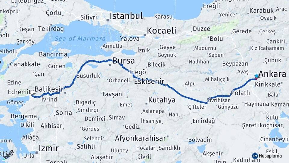 Ankara Edremit Balıkesir Arası Kaç Km - Yol Haritası