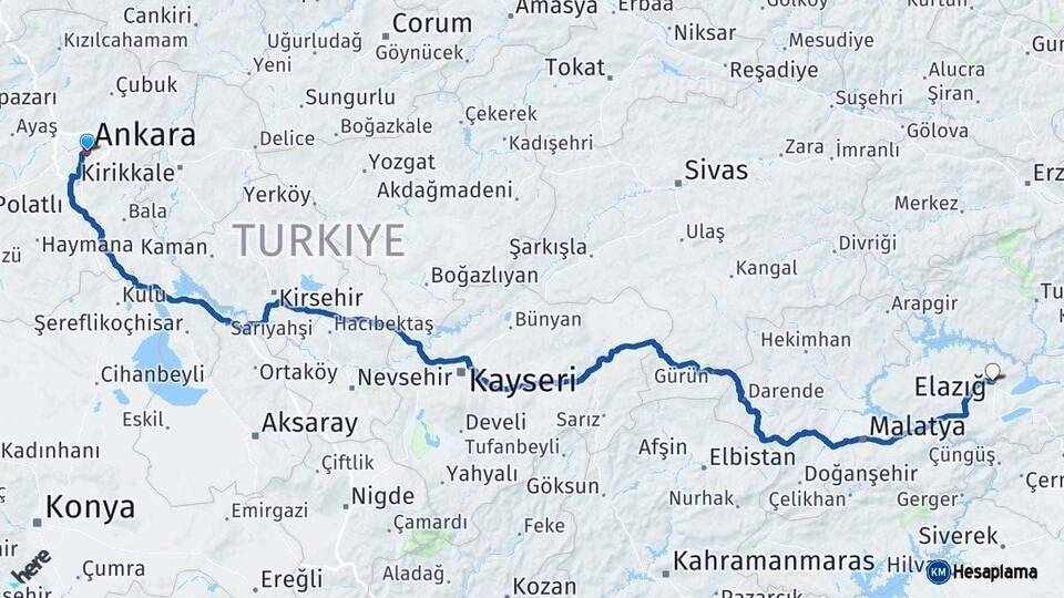 Ankara Elazığ Arası Kaç Km - Yol Haritası