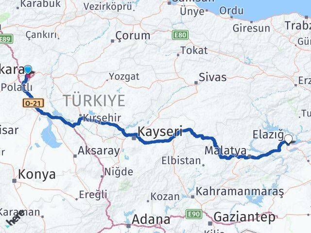 Ankara Elazığ Havalimanı Arası Kaç Km - Yol Haritası